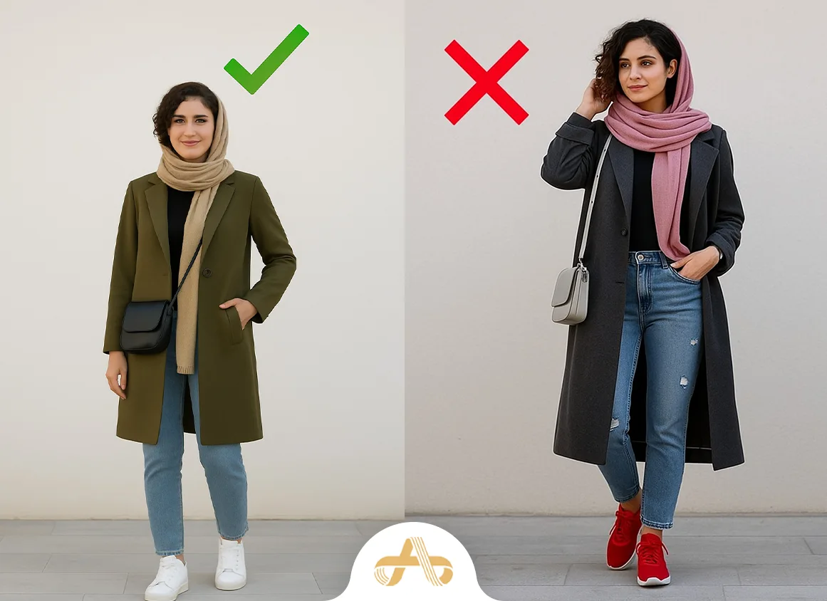 9 اشتباه رایج در ست مانتو با شال و کفش